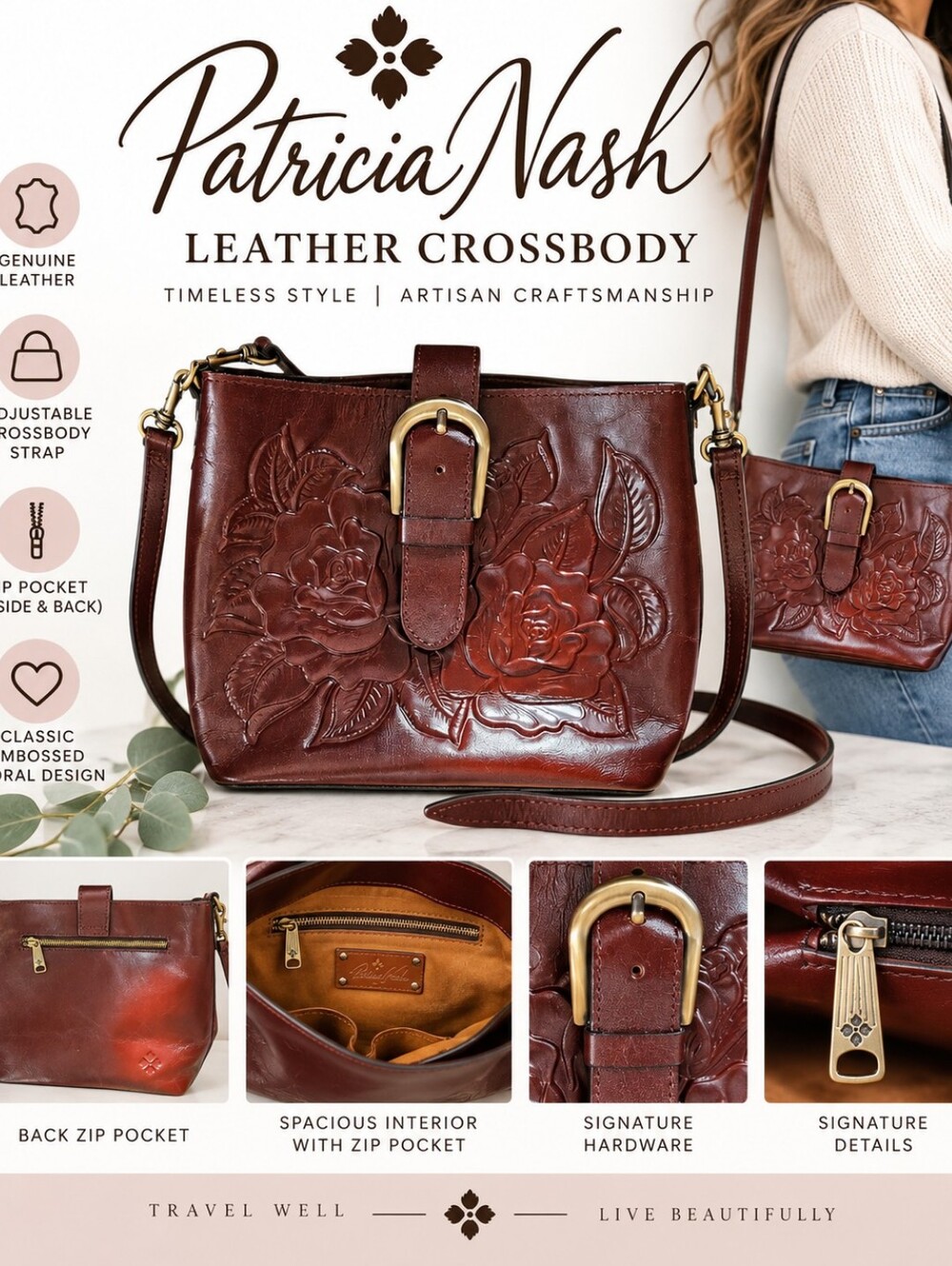 Patricia Nash Rose Tooled Leather Crossbody Bag Oxblood Burgundy